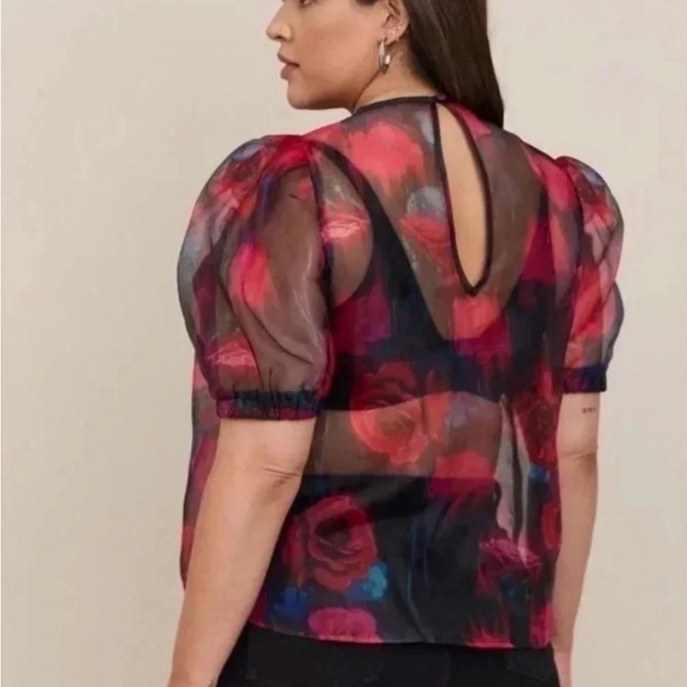 Torrid Organza Puff Sleeve Top - Red and Black Floral Sheer Blouse - Picture 3 of 7